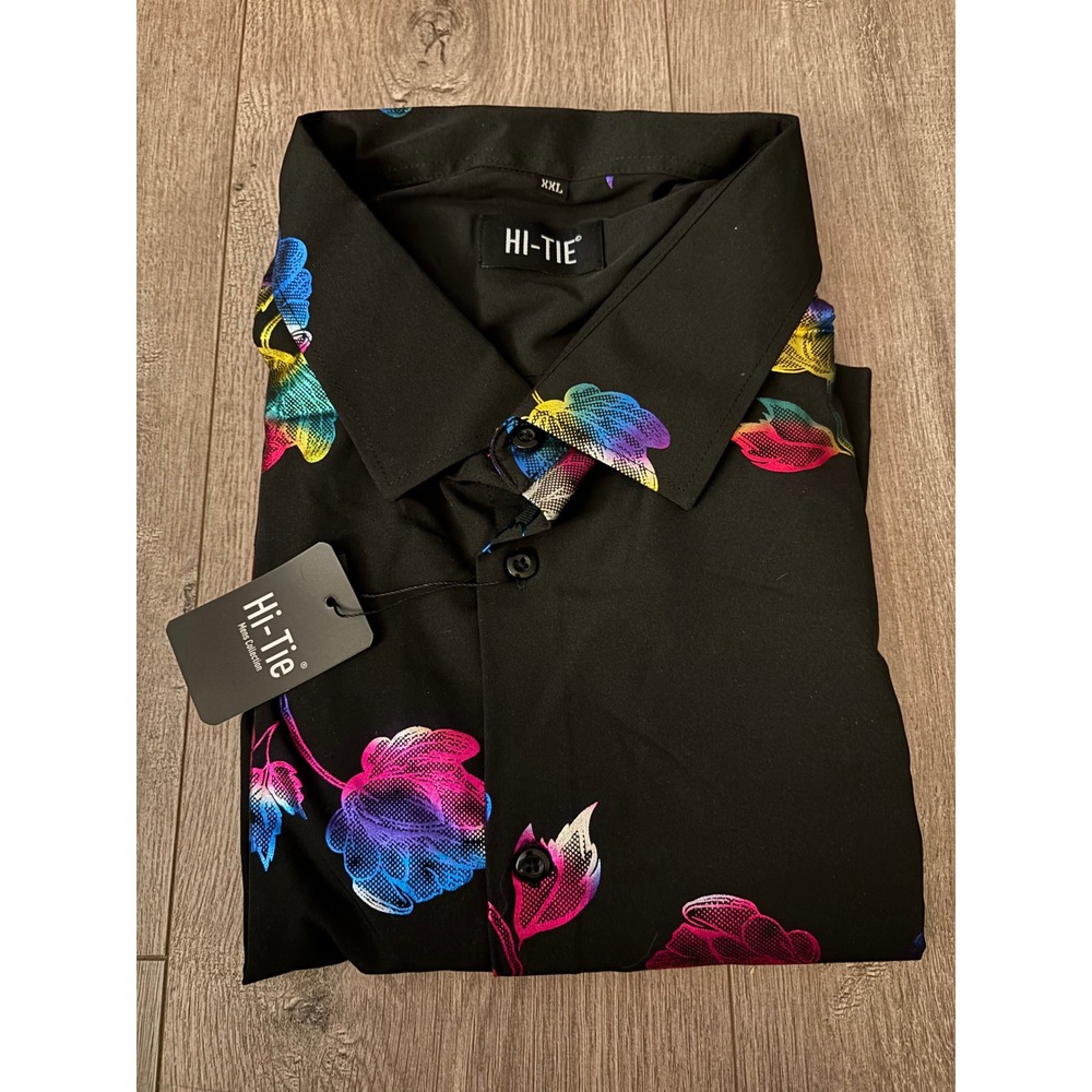 Hi-Tie Mens XXL Black Rainbow Floral Print Long Sleeve Button Down Shirt NWT